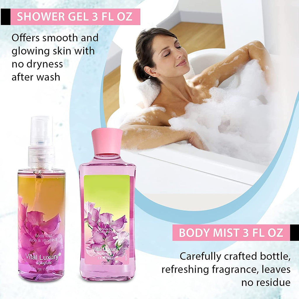 Vital Luxury Sweet Pea Bath & Body Kit, 3 Fl Oz, Ideal Skincare Gift Home Spa Set, Includes Body Lotion, Shower Gel, Body Cream, and Fragrance Mist, Birthday Mother's Valentine's Day Gifts for Her