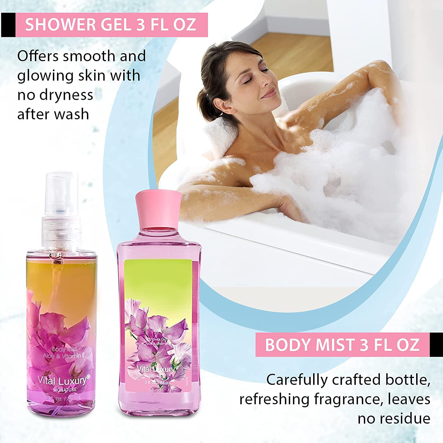 Vital Luxury Sweet Pea Bath & Body Kit, 3 Fl Oz, Ideal Skincare Gift Home Spa Set, Includes Body Lotion, Shower Gel, Body Cream, and Fragrance Mist, Birthday Mother's Valentine's Day Gifts for Her