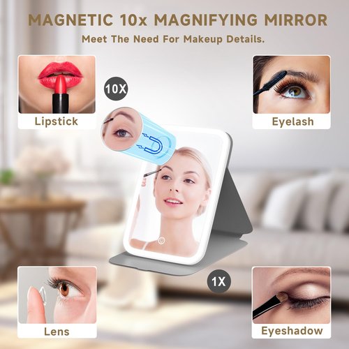 Mocado Travel Makeup Mirro with Lights, 360° Rotation Lighted Makeup Mirror, Portable Mirror with 10x Magnification, 60LEDs 3 Color Lightings, Dimmable Touch Screen, Tabletop Light up(Pink)