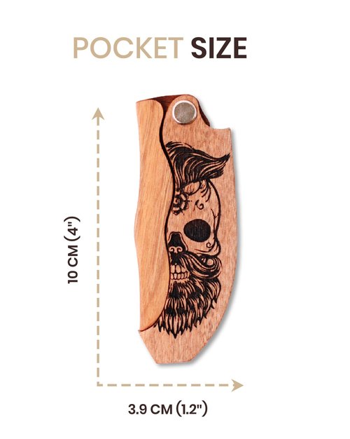 Beard Comb for Men Pocket Folding Combs for Mustache & Hair Travel Natural Wooden Comb with Real Man Engraving - Perfect for Use w/Beard Balm Oil (Wavy Half Skull) (Model RM)