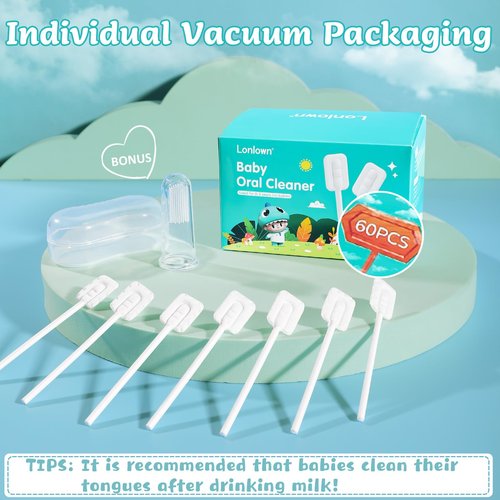 Lonlown 60PCS Baby Tongue Cleaner & 1PCS Finger Toothbrush Infant Mouth Cleaner Newborn Gum Cleaner Disposable Infant Oral Clean Stick Dental Care for Baby Toddler