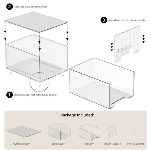 Delamu 4 Pack Stackable Storage Drawers, Makeup Skincare Holder Vanity Storage Organizer, Plastic Drawers For Vanity Desk, Undersink, Kitchen Cabinet, Pantry, Clear, Ideal Christmas Gifts for Girls