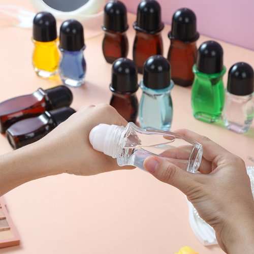 RAMFIYN 50ml Large Amber Glass Roll on Bottles for Essential Oils Perfume Refillable Quartz Roller Ball Applicator Empty Deodorant Containers with Crystal Rollerball