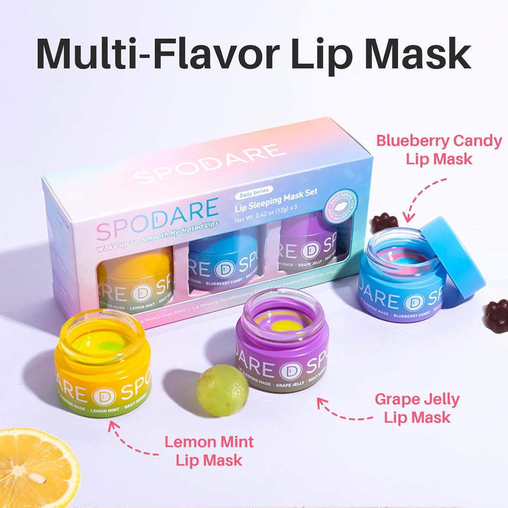 SPODARE 3-in-1 Dual-Color Lip Mask Set - Hydrating & Repairing for Dry Lips | Blueberry, Grape & Lemon, 1.26 Fl Oz