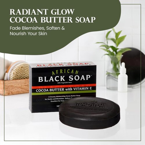 Madina African Black Soap Bar – Cocoa Butter, Vitamin E, Moisturizing, Skin-Restoring, Marks & Blemishes, Face & Body Cleanser, 100% Vegetable-Based, Halal, 6 Pack (3.5 oz Each)
