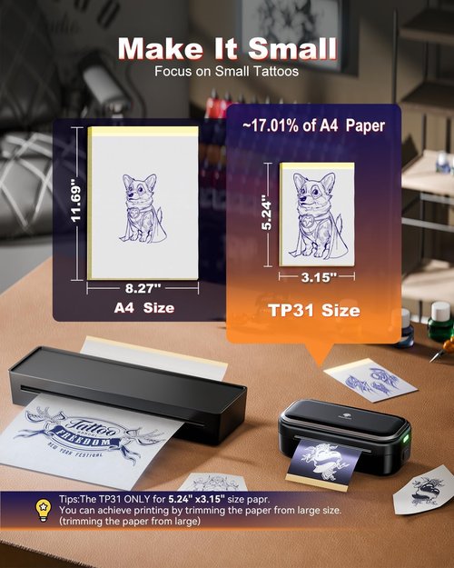 Phomemo Tattoo Stencil Paper 3.15" x 5.24" for TP31 Mini Tattoo Printer, 100 Tattoo Transfer Paper for Beginners/Enthusiast/Artists