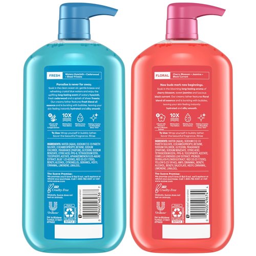Suave Body Wash Variety Bundle – Ocean Breeze 2-Pack & Wild Cherry Blossom, Gentle & Moisturizing Body Washes with Vitamin E, 30 Oz Ea (3 Piece Set)