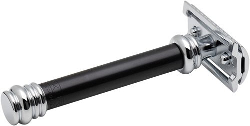 MERKUR 38B Double Edge Safety Razor - Black Handle | Extra Large Barber Pole Grip Brass Handle | Made in Germany | Plastic-Free | Two Piece Design | Closed Comb | Straight Bar