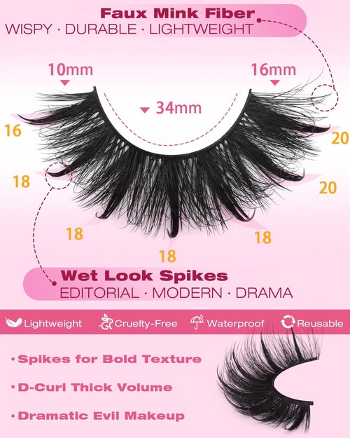 Kiromiro Mink Lashes Fluffy Evil False Eyelashes with Spikes Manga Faux Mink Lashes Wispy Long Dramatic Fake Lash Strips Cat Eye Full Spiky Eyelashes Pack
