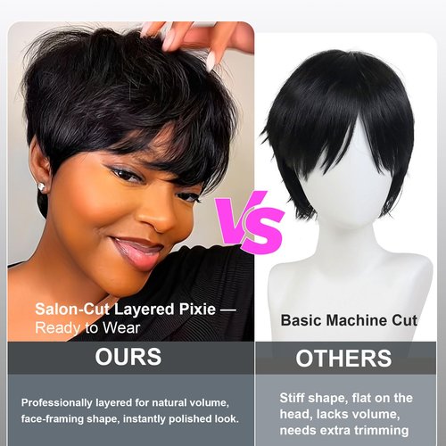 showreal Pixie Cut Wig Human Hair for Black Women Short Pixie Cut Wigs Natural Looking 100% Real Human Hair Wigs Natural Black Glueless Pixie Wigs with Bangs (9149-1B)