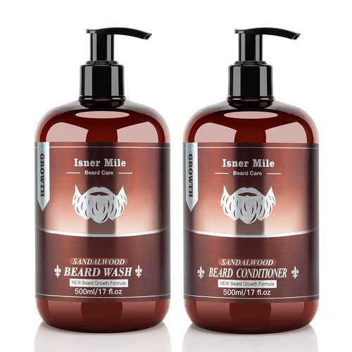 ISNER MILE Beard Wash & Conditioner Set - 17 oz Biotin, Argan & Jojoba Oil Shampoo for Soft, Strong Beard - Sandalwood Scented Grooming Gift