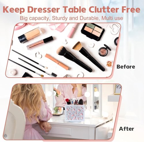 DUO GE MAO 360 Rotating Makeup Brush Holder with Butterfly Cutout, Pink Makeup Brush Organizer for Vanity - 4 Compartment Spinning Wooden Desk Organizer for Pens, Lipsticks, Eyebrow Pencils