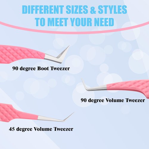 Hadiz Fiber Tip Volume Lash Tweezers Eyelash Extensions Volume Mega Volume 45 and 90 Degree Tweezers(Pack of 3, PINK)