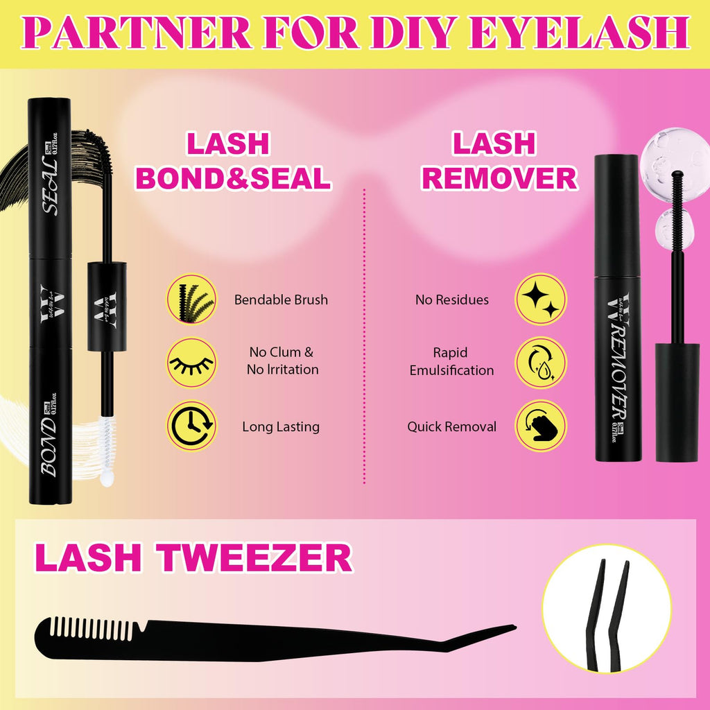 WLFRHD Manga Lash Clusters Kit DIY 144Pcs Fairy Eyelash Clusters Natural Lashes Kit with Anime Lash Clusters Bond and Seal, Remover and Tweezers for Invisible Band Eyelash Extensions Kit(D-Mix8-16mm)