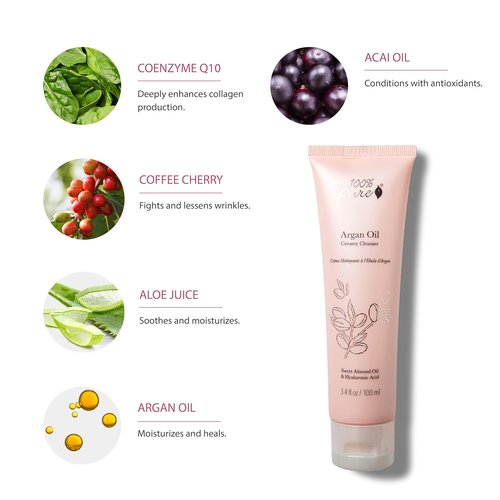 100% PURE Argan Oil Creamy Cleanser - Daily Moisturizing Face Wash & Makeup Remover for Radiant Skin - 3.4 Fl Oz