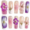 Handmade Press On Nails Medium/Long Square Pink 3D Sakura Design - Reusable French Acrylic Fake Nails with Gold Stars & Pearls, Luxury Cherry Blossom False Nails (Sakura, M)