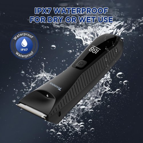 TEENOVA Pubic & Body Hair Trimmer for Men, 2 In 1 Electric Ball Groin Razor Shaver with Ceramic Blade, No Nick Mens Grooming Kit for Wet/Dry Use, Cordless Charging Body Groomer with Led Display, Black