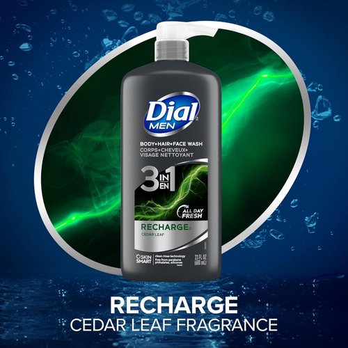 Dial Men 3-in-1 Body, Hair, and Face Wash - Recharge Formula | 69 Fl Oz (3 x 23 Fl Oz Bottles)