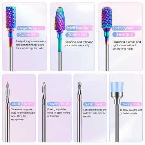 METHELIX Carbide Nail Drill Bits Set: 7Pcs 3/32'' Tungsten Diamond Efile Bits with 75pcs Small Sanding Bands (#80#120#180) for Acrylic Nails Tech Gel Cuticle Remove Manicure Pedicure