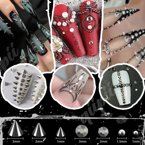 qiipii Metallic Black Silver 3D Mini Metal Punk Bullet Rivet Nail Charms Flat Bottomed Alloy Pointed Cone Spike Nail Art Rhinestones Pearls Gems Studs Steel Beads Balls for Acrylic Nails Goth Manicure