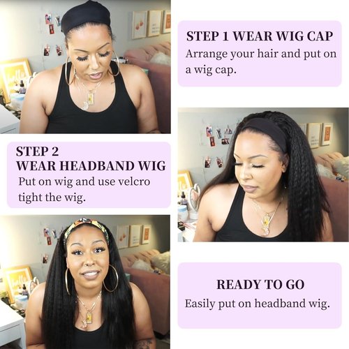 CYIKLI Kinky Straight Headband Wig 16 Inch Human Hair Headband Wigs for Black Women Glueless Yaki Straight Human Hair Headband Wigs Natural Black color