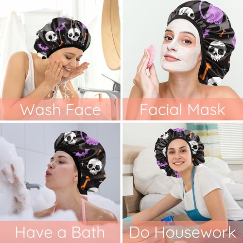 BHAHB Luxury Shower Cap Reusable Terry Cloth Lined EVA Triple Waterproof Layer Elastic Hair Bath Caps for Women Girls Cute-Cat