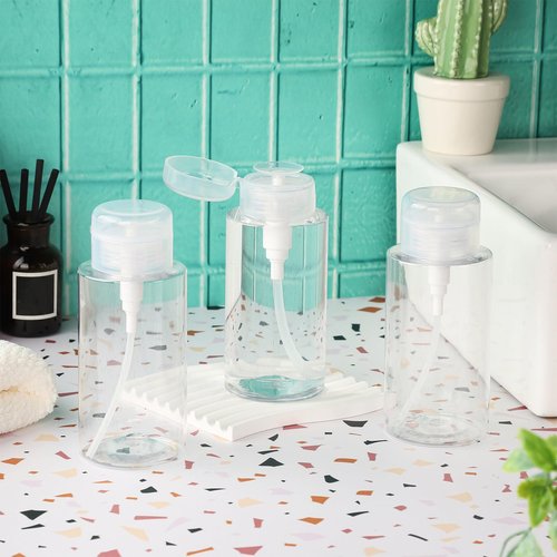 RAMFIYN 10oz Acetone Pump Dispenser 6 Pack Plastic Alcohol Push Down Dispenser with Labels Refillable Alcohol Pump Dispenser Bottle Empty Nail Polish Remover Bottle