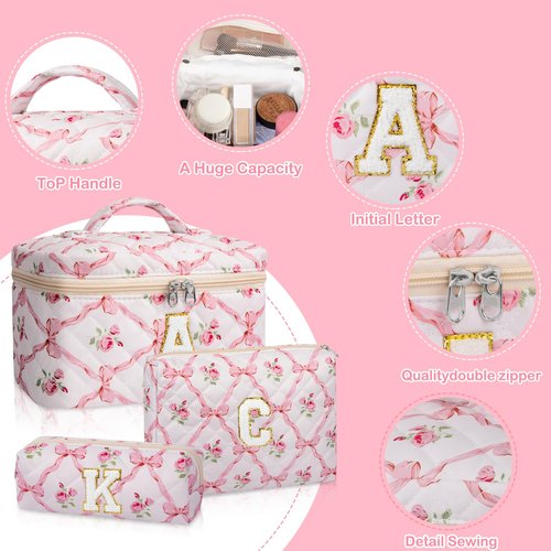 Junesters Personalized Initial Makeup Bag Set, Quilted Makeup Bag, Large Floral Cosmetic Bag for Women, Cute Cotton Custom Make up Bags, Flower Travel Toiletry Bag Teen Girl Gift Trendy Stuff Gift M