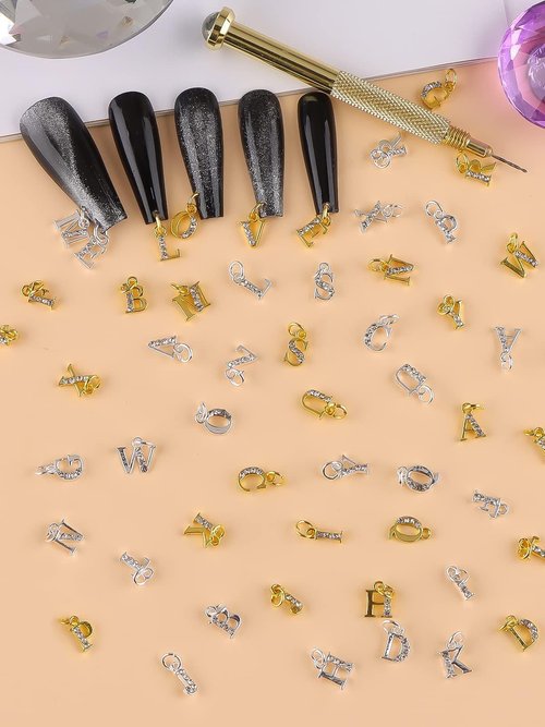 Kalolary Letter Dangle Nail Charm for Valentine's Day, 3D Piercing Alphabet Rhinestone Alloy Jewelry Hoops with Nail Piercing Tool Hand Drill for Birthday Nail Art Decoration