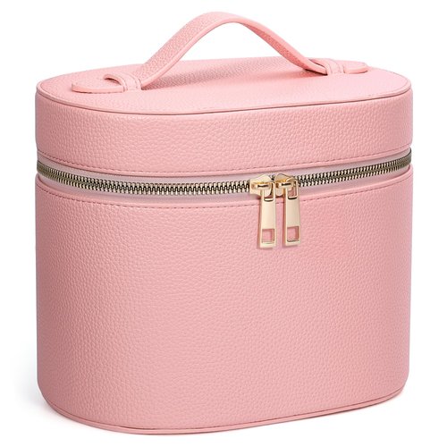 MaqSacion Makeup Bag Vanity Case for Women Leather Cosmetic Bag Makeup Organizer Case Portable Travel Toiletry Bag With Removable Compartments and Handle - Pink