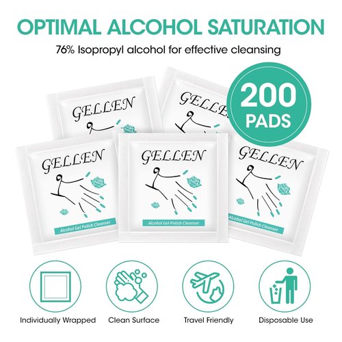 GELLEN Nail Cleanser Pads - 200 Pack Lint-Free Wipes for Acrylic & Gel Polish | Travel-Ready Individual Wraps