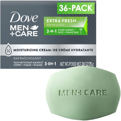 Dove Men+Care Soap Bar, Extra Fresh Scent 36-Pack – Hydrating 3-in-1 Body, Hand, and Face Cleanser for Men, 2.6 Oz Ea