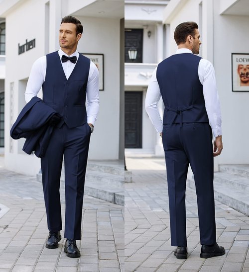 COOFANDY Mens Suit Shawl Lapel Tuxedo Wedding Prom Jacket Vest Trousers Bow Tie Navy Blue Large
