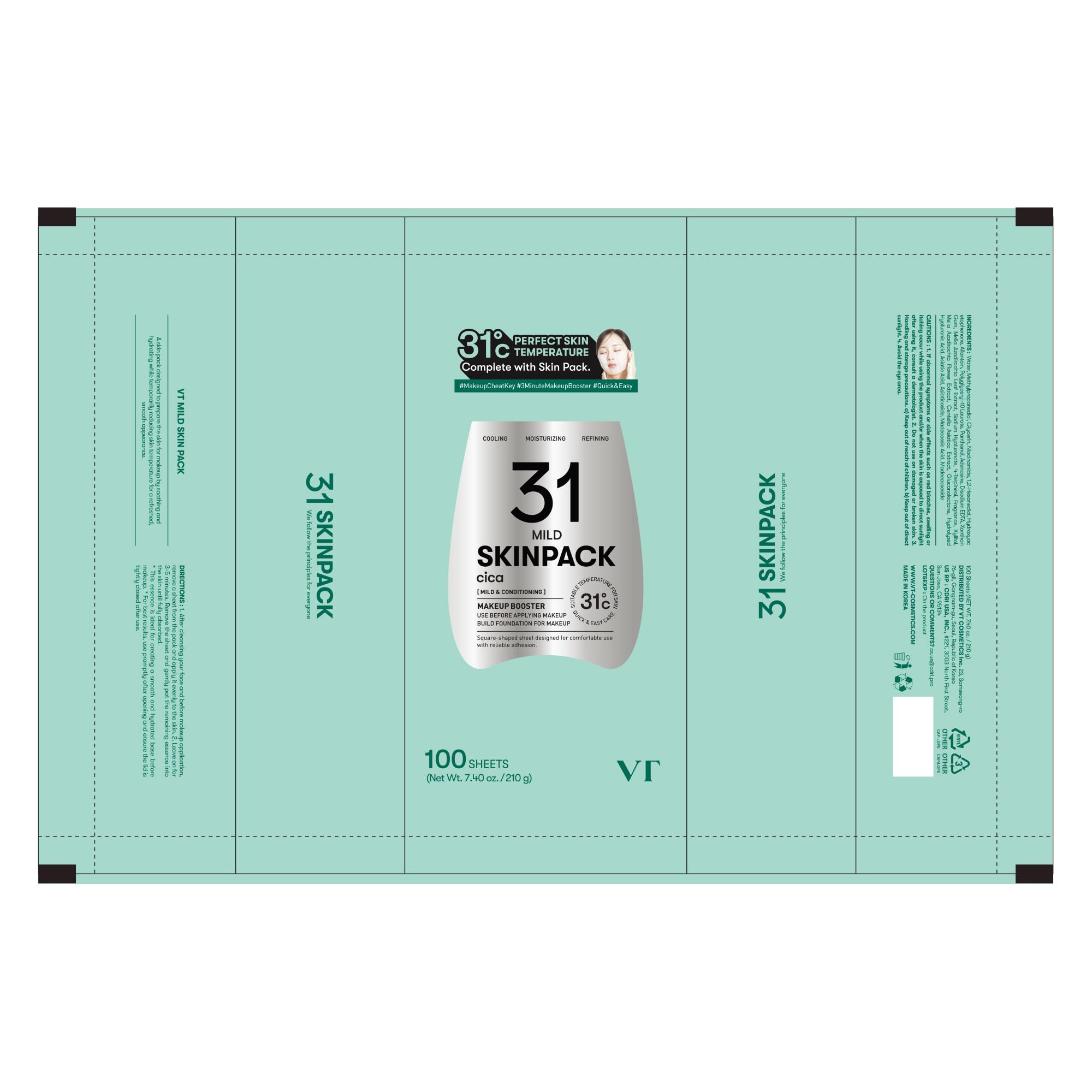 VT COSMETICS Mild Skin Pack (100 Sheets), Toner Pads with Centella Asiatica, Cooling & Hydrating, Gently Exfoliating, Calming & Soothing, Quick Makeup Prep, Korean Skincare (7.40 oz.)