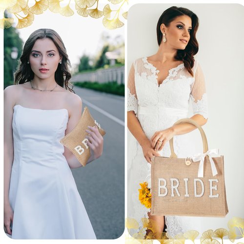 Sweetude 2 Pcs Bride Bag Set Bride Jute Beach Tote Bag with Ribbon Makeup Pouch with Rhinestone Letter Bridal Shower Gift for Bachelorette Wedding Engagement