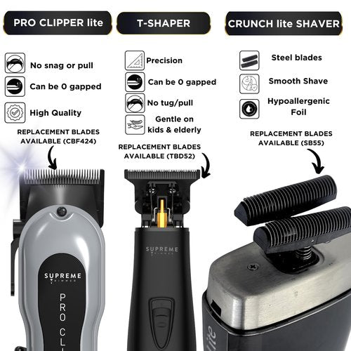 Supreme Trimmer 3-in-1 Barber Bundle | Pro Clipper Lite, DLC T-Shaper Trimmer, Crunch Lite Foil Shaver | Professional Beard Trimmer/Clipper Kit | Value Bundle 1
