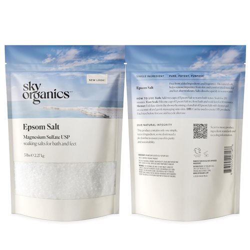 Sky Organics - Epsom Salt Bath Soak, 5 lbs - Magnesium Sulfate USP - 100% Pure, Medium Grain - Unscented - Soaking Bath Salts - Resealable Bag - Natural, Vegan & Cruelty Free - Self Care - Bath & Feet