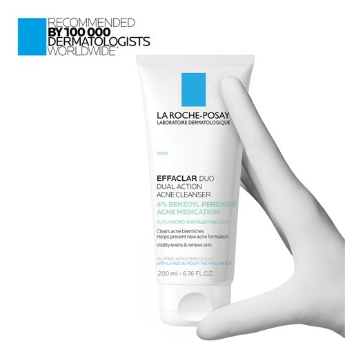 La Roche-Posay Effaclar Dual Acne Face Wash With 4% Benzoyl Peroxide & LHA Exfoliant, Acne Treatment Help Clear & Prevent Blemishes, Paraben Free & Oil Free Wash, 6.76 Fl Oz