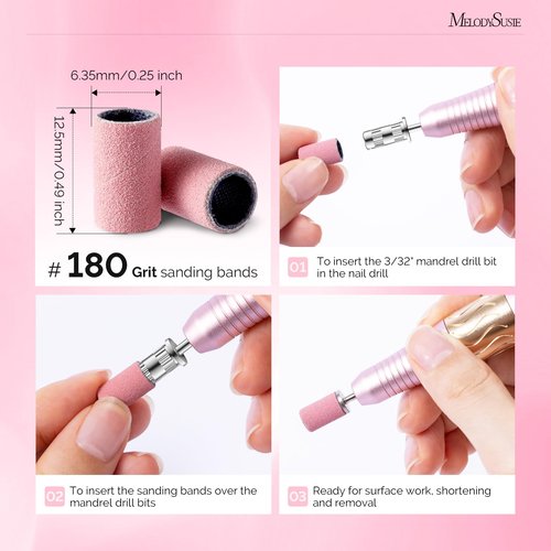 MelodySusie 300 Pcs Sanding Bands with Mandrel,120 Medium, 180 Fine, 240 Extreme Fine Grit, E-File Sand Piece Nail Drill Bits Set for Acrylic, Gel Removal, Manicures and Pedicures