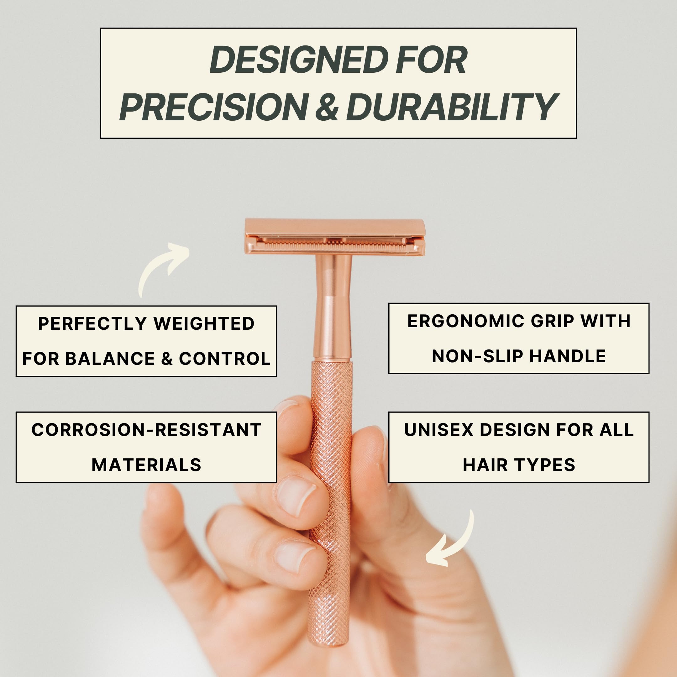 Zero Waste MVMT Single Blade Safety Razor for Men & Women (Rose) Premium Aluminum Handle, Reusable & Plastic-Free – Smooth, Close Shave with Less Irritation – With 10x Blades & Travel Bag - Rose Gold