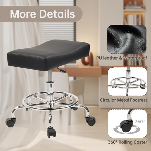 KLASIKA Heavy Duty Extra Wide Rolling Stool PU Leather Thickened Seat Cushion with Foot Rest Adjustable Height Swivel with Wheels for Spa Salon Tattoo Work Massage Barstool, Black, 1 Pack