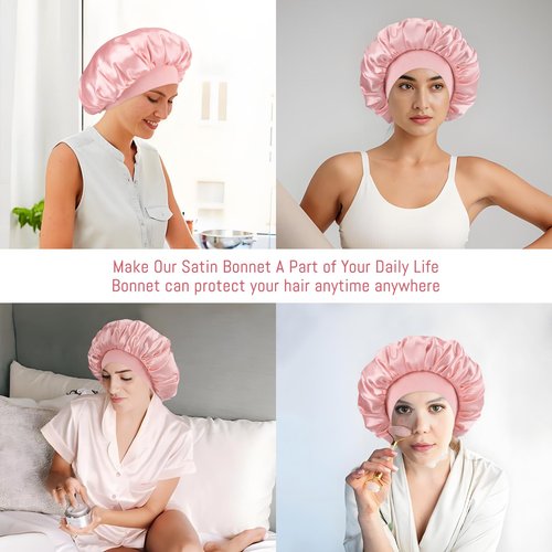 Silk Satin Bonnet for Sleeping Women, Double Layer Silk Satin Sleep Cap with Elastic Band for Natural Curly Hair(1Pcs,Pink)