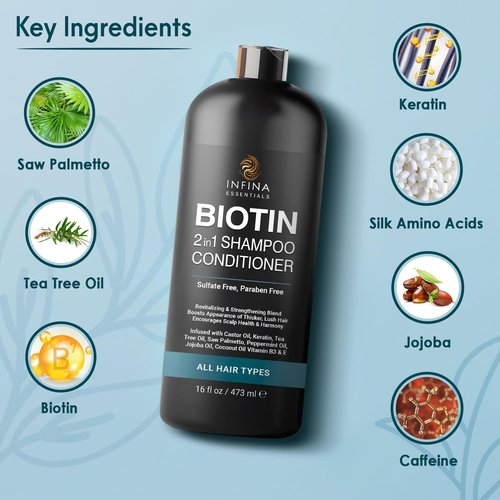 INFINA ESSENTIALS Biotin Shampoo & Conditioner - Hair Thickening Formula with Saw Palmetto, Keratin & Caffeine - 16 fl oz