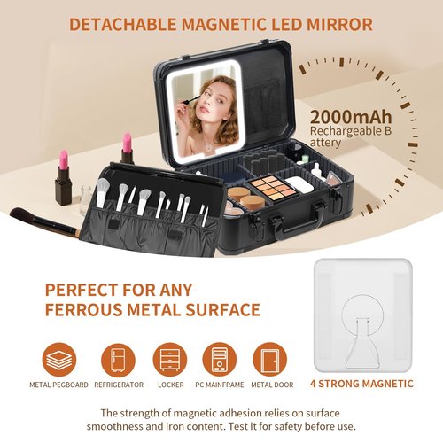 LivelyCove 15"x11" Makeup Case with Lighted Mirror & Brush Holder - Waterproof Travel Organizer, Customizable Storage, Rechargeable LED Vanity for Women (black)