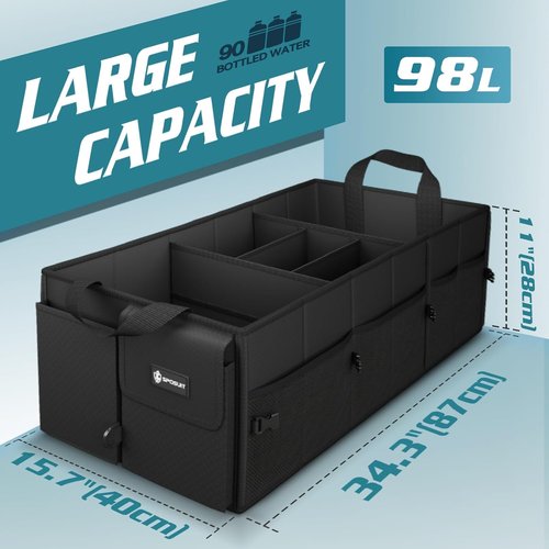 Sposuit Extra Large Car Trunk Organizer - 98L Collapsible Storage with Removable Dividers & Adjustable Straps