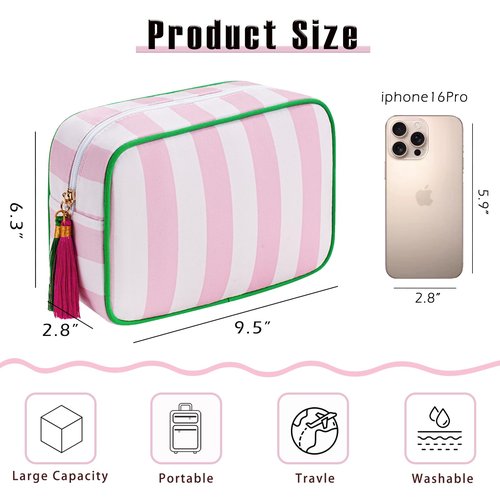 RSRSLEII Large Stripe Canvas Zipper Makeup Bag,Aesthetic Tassel Travel Cosmetic Bag,Coquette Toiletry Bag, Girls Handbags Purses,Accessories Storage Bag for Women Girls (Pink)