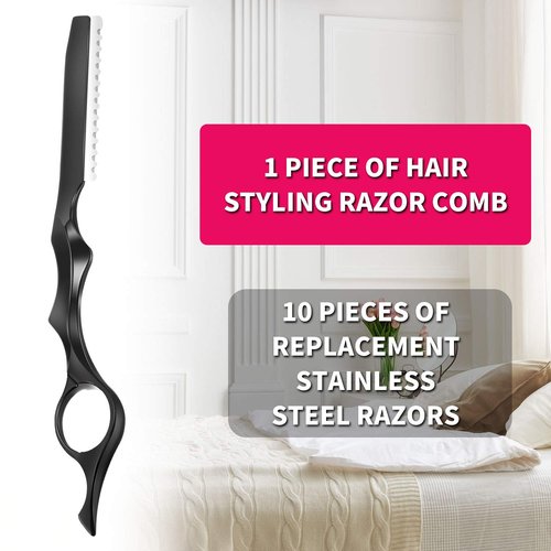 Mudder Hair Styling Razor Comb - 11 Pieces Hair Thinning Comb with Replacement Stainless Steel Razors for Salon Home Use (Black, Metal)