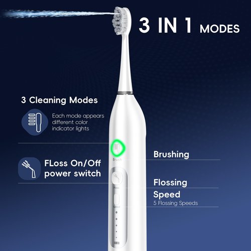 OILSAO Electric Toothbrush with Water Flosser, All in One Sonic Flossing Toothbrush with 3 Modes & 5 Flossing Speeds & 4 Brush Heads, Rechargeable & Portable for Adult Teeth Cleaning,White