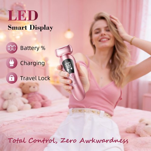 rategist Cordless Electric Razors for Women: Rechargeable Painless Bikini Trimmer for Body Hair - IPX7 Waterproof Shaver with LED Display for Face/Underarm/Leg Blush Pink