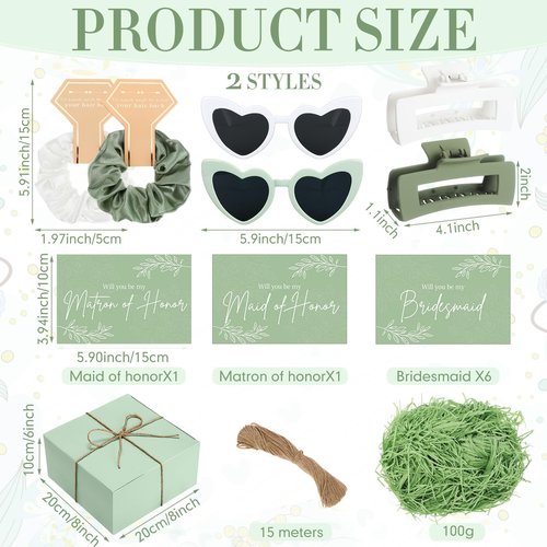 Geiserailie 40 Pcs 8 Set Bridesmaid Proposal Gifts Will You Be My Bridesmaid 4.1in Square Hair Claws Heart Sunglasses(Green)